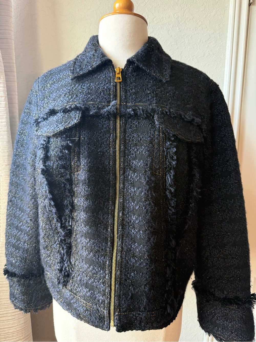 Tory Burch Black Bouclé Zip-Front Jacket with Gold Zip